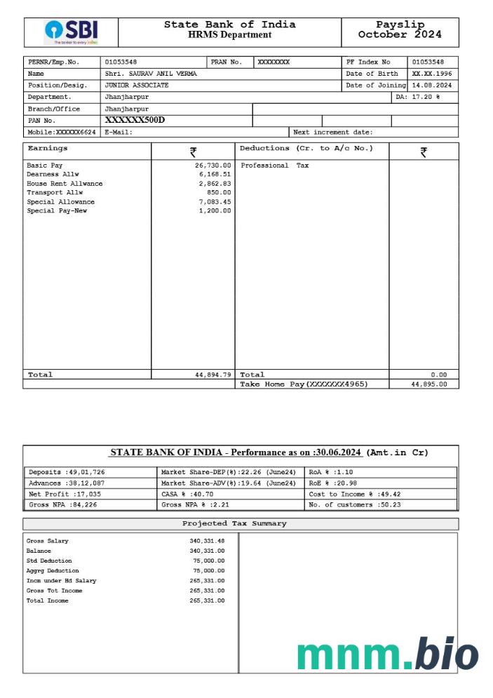 State Bank Of India payslip szablon w formacie Word i PDF